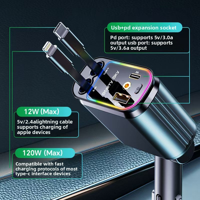 Retractable Car Charger with Multi-Port USB Fast Charging